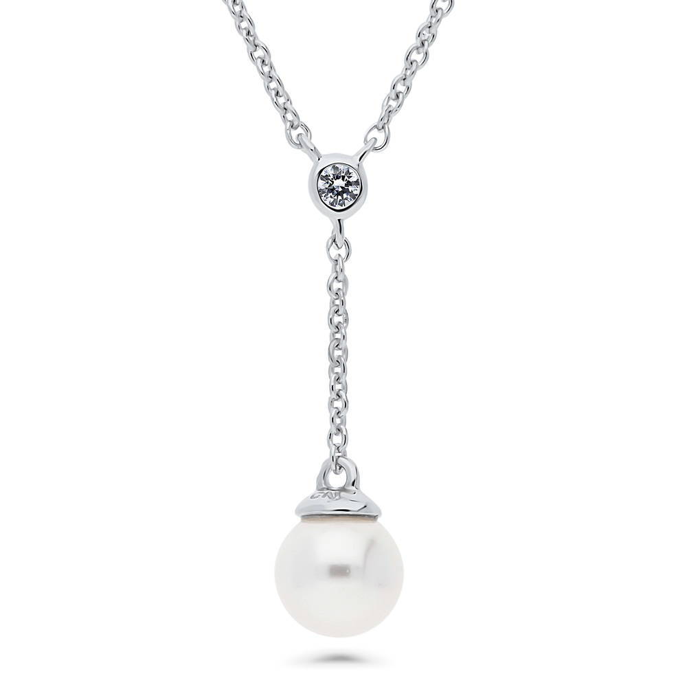 Solitaire Imitation Pearl Necklace in Sterling Silver, 1 of 5