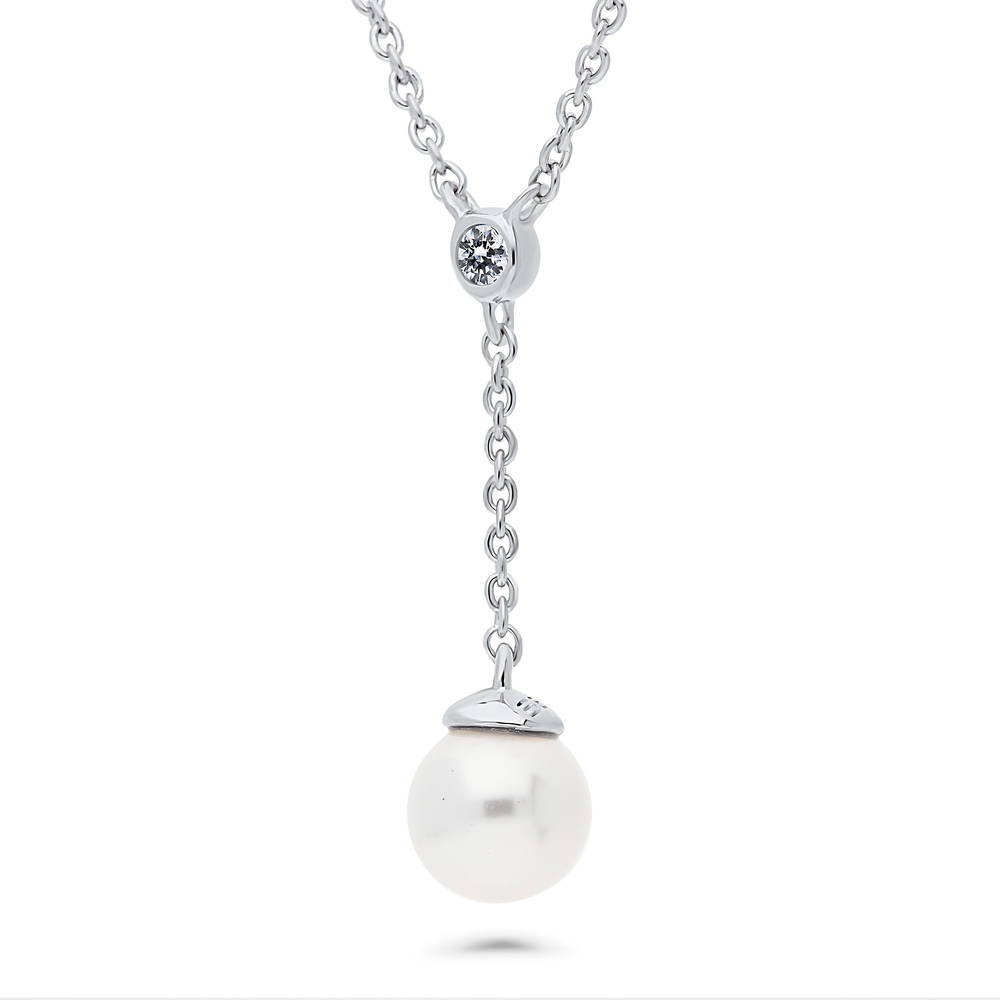 Front view of Solitaire Imitation Pearl Necklace in Sterling Silver, 4 of 5