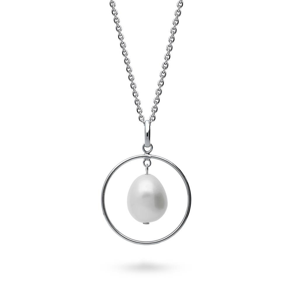 Open Circle White Baroque Cultured Pearl Necklace in Sterling Silver