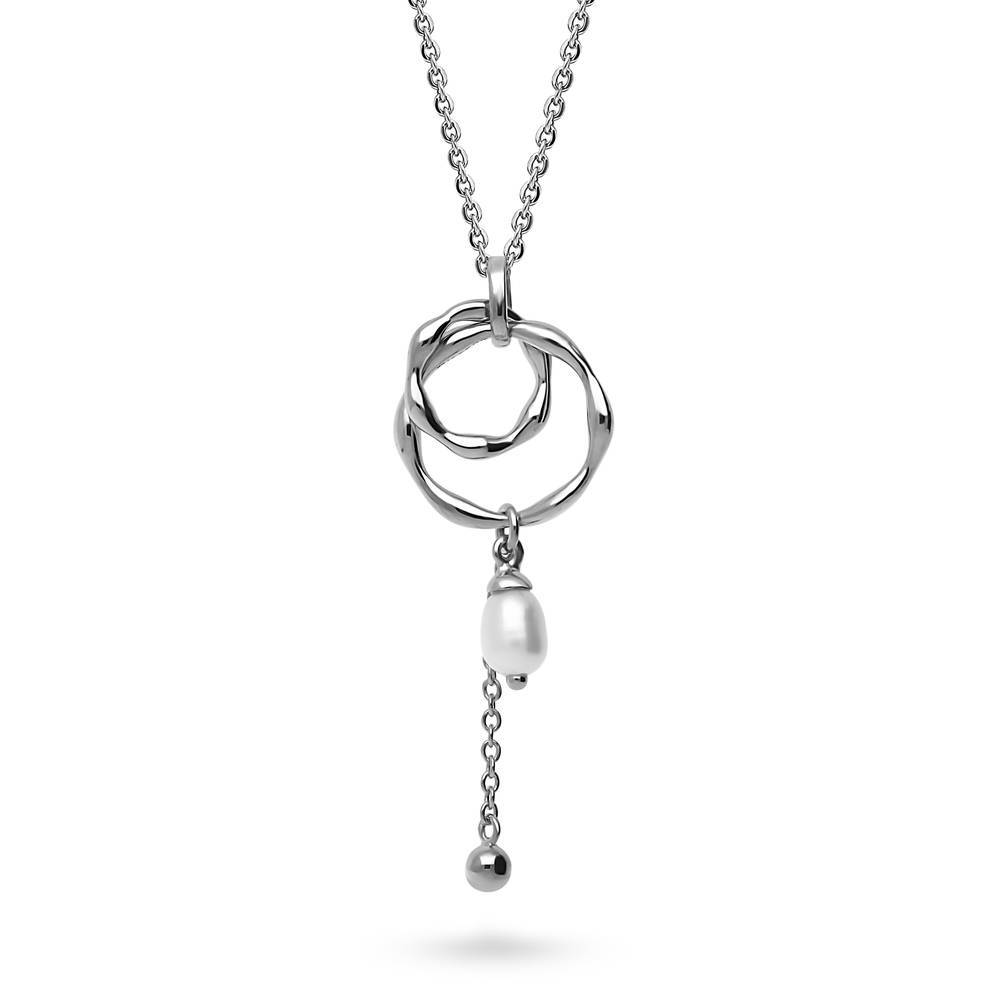 Open Circle White Drop Cultured Pearl Necklace in Sterling Silver