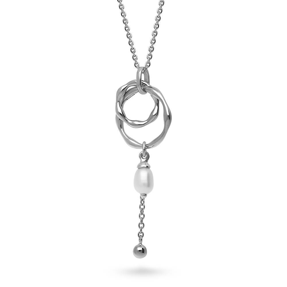 Open Circle White Drop Cultured Pearl Necklace in Sterling Silver