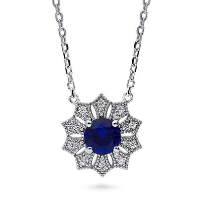 Graduated Flower Milgrain Blue CZ Necklace Set in Sterling Silver