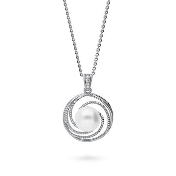 Woven Solitaire White Button Cultured Pearl Necklace in Sterling Silver