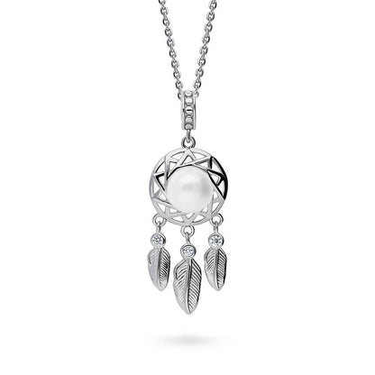 Feather Button Cultured Pearl Necklace in Sterling Silver