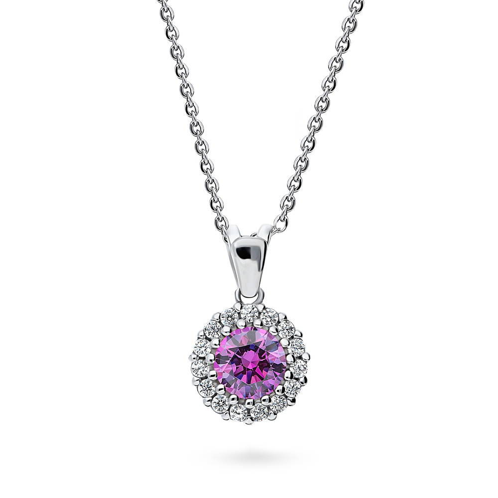 Halo Purple Round CZ Pendant Necklace in Sterling Silver, 1 of 9