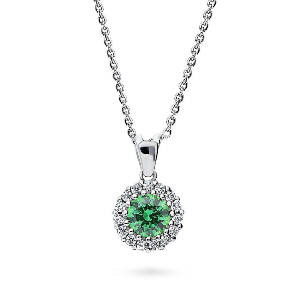 Halo Green Round CZ Necklace and Earrings Set in Sterling Silver