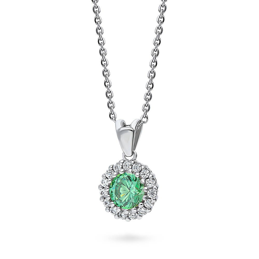 Halo Green Round CZ Pendant Necklace in Sterling Silver