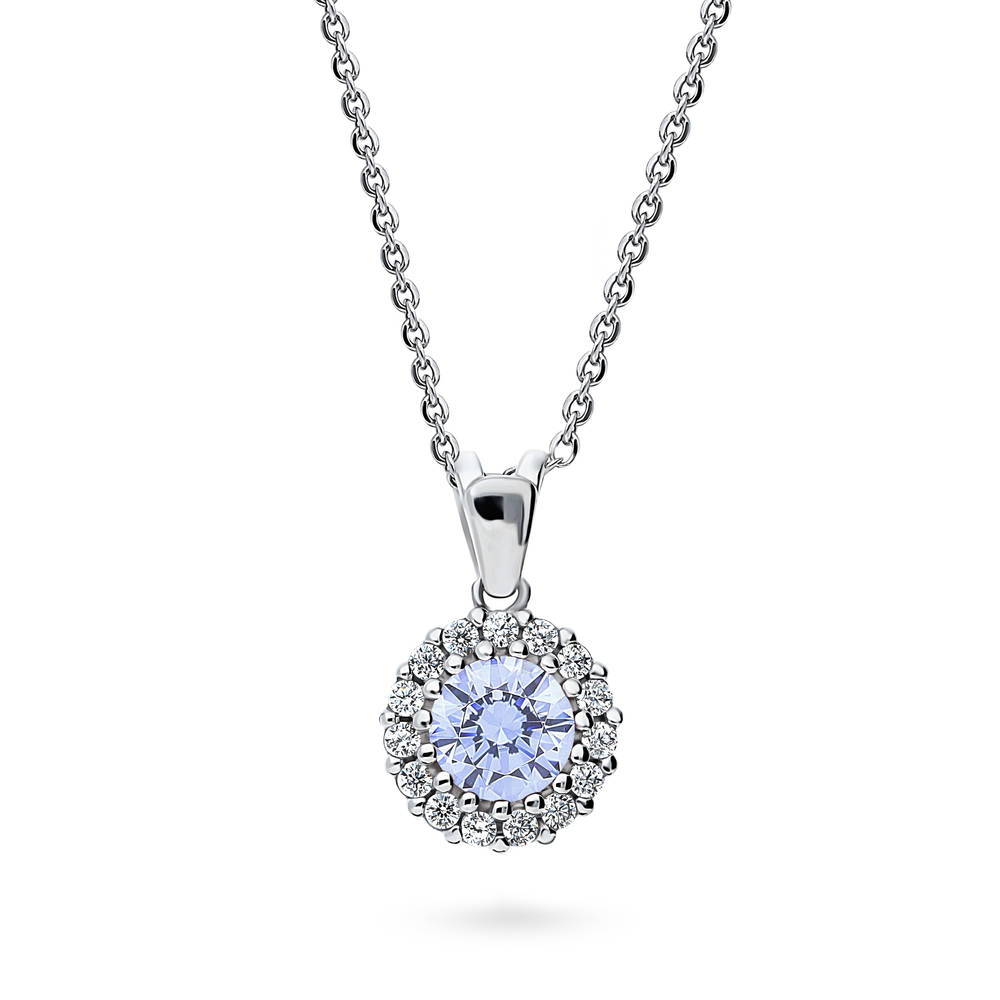 Halo Greyish Blue Round CZ Pendant Necklace in Sterling Silver