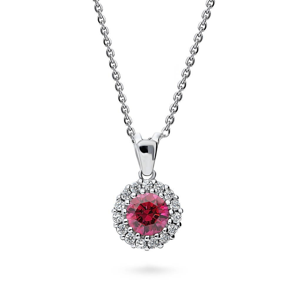 Halo Red Round CZ Pendant Necklace in Sterling Silver
