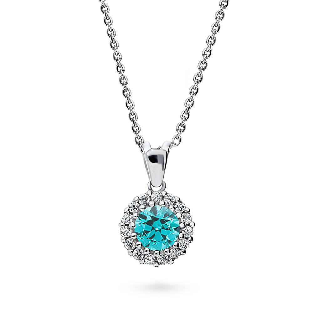 Halo Frosty Mint Round CZ Pendant Necklace in Sterling Silver