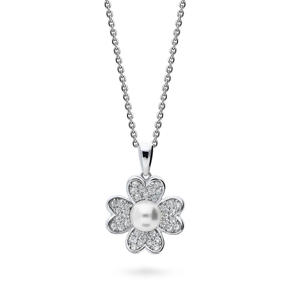 Clover Imitation Pearl Pendant Necklace in Sterling Silver