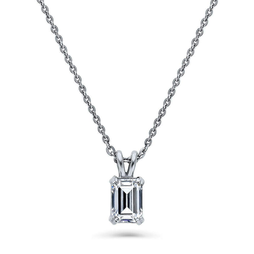 Solitaire 1ct Emerald Cut CZ Necklace in Sterling Silver