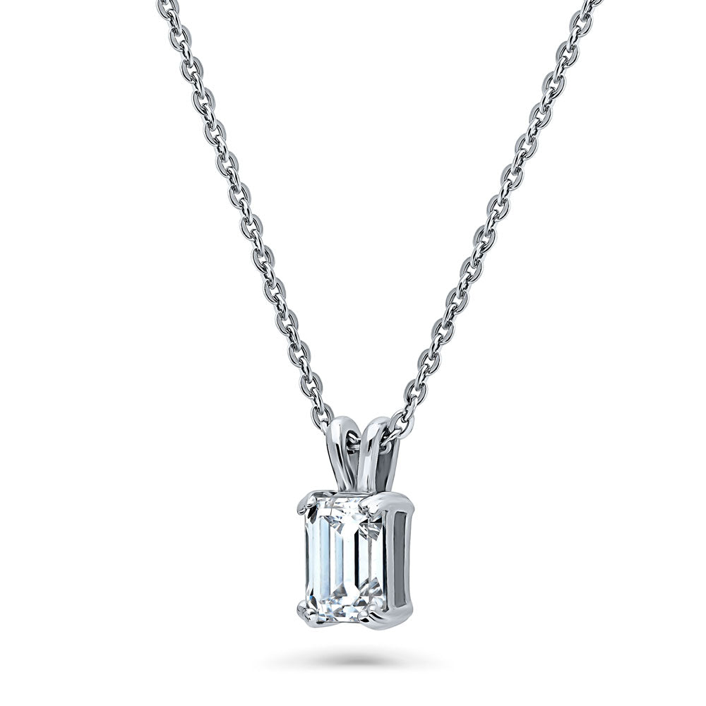 Front view of Solitaire 1ct Emerald Cut CZ Necklace in Sterling Silver, 4 of 6