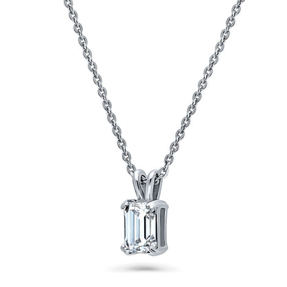 Solitaire 1ct Emerald Cut CZ Necklace in Sterling Silver