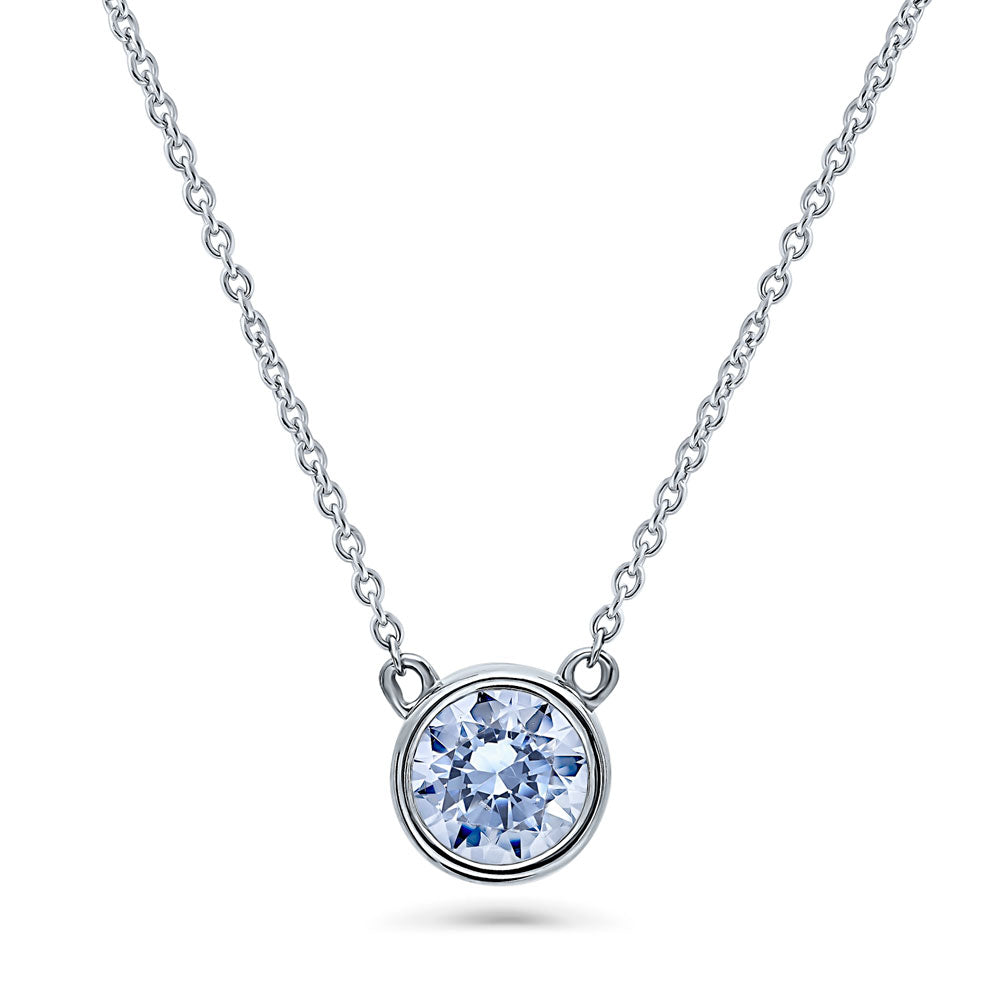 Solitaire Blue Bezel Set Round CZ Necklace in Sterling Silver 0.8ct, 1 of 4