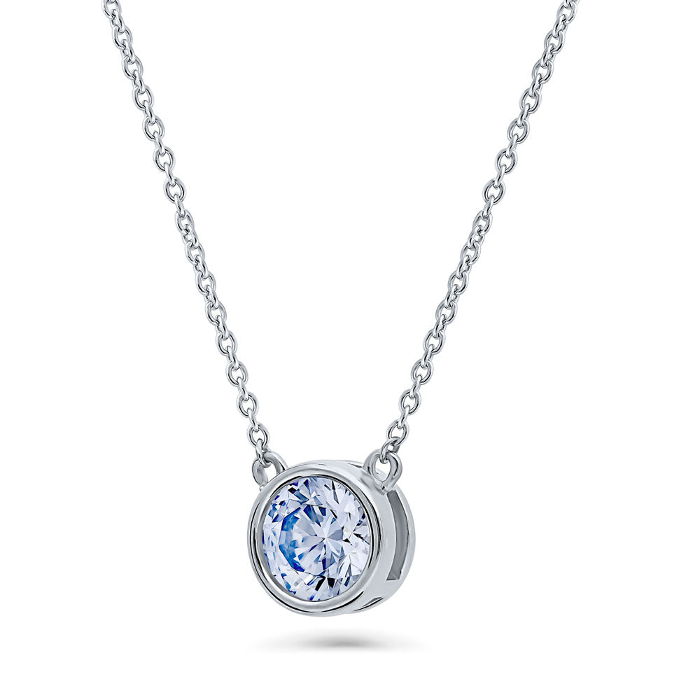 Front view of Solitaire Blue Bezel Set Round CZ Necklace in Sterling Silver 0.8ct, 3 of 4