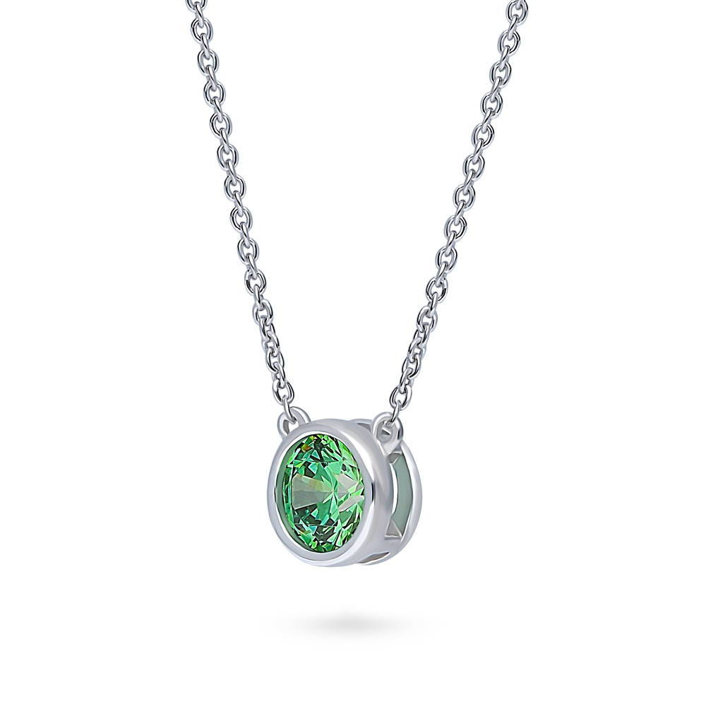 Solitaire Green Bezel Set Round CZ Necklace in Sterling Silver 0.8ct