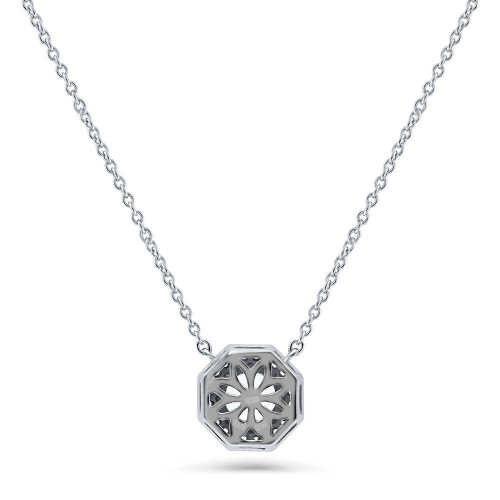 Halo Milgrain Octagon Sun CZ Pendant Necklace in Sterling Silver
