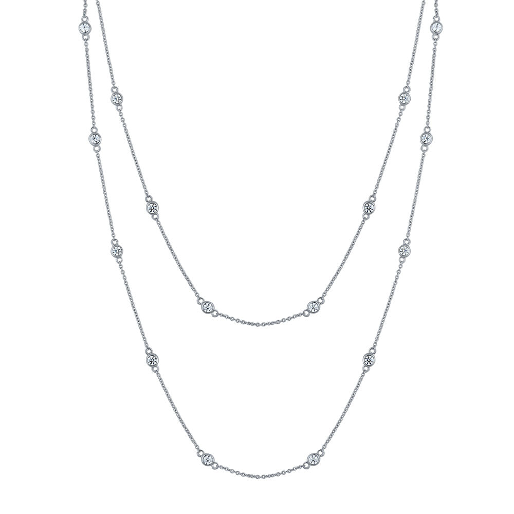 Station CZ Station Necklace in Sterling Silver, Rhodium Plated / 36 inch