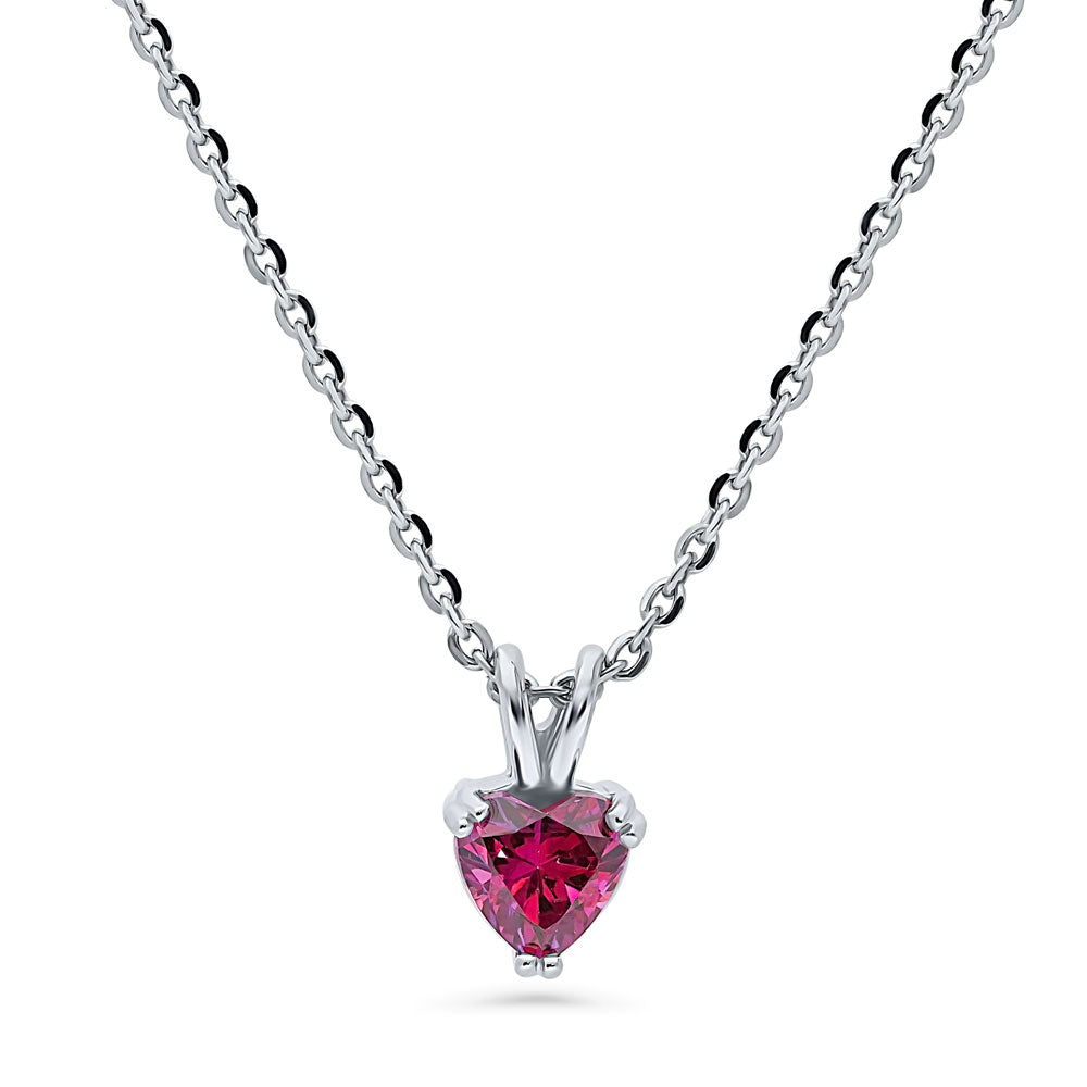 Heart Solitaire Red CZ Necklace and Earrings Set in Sterling Silver
