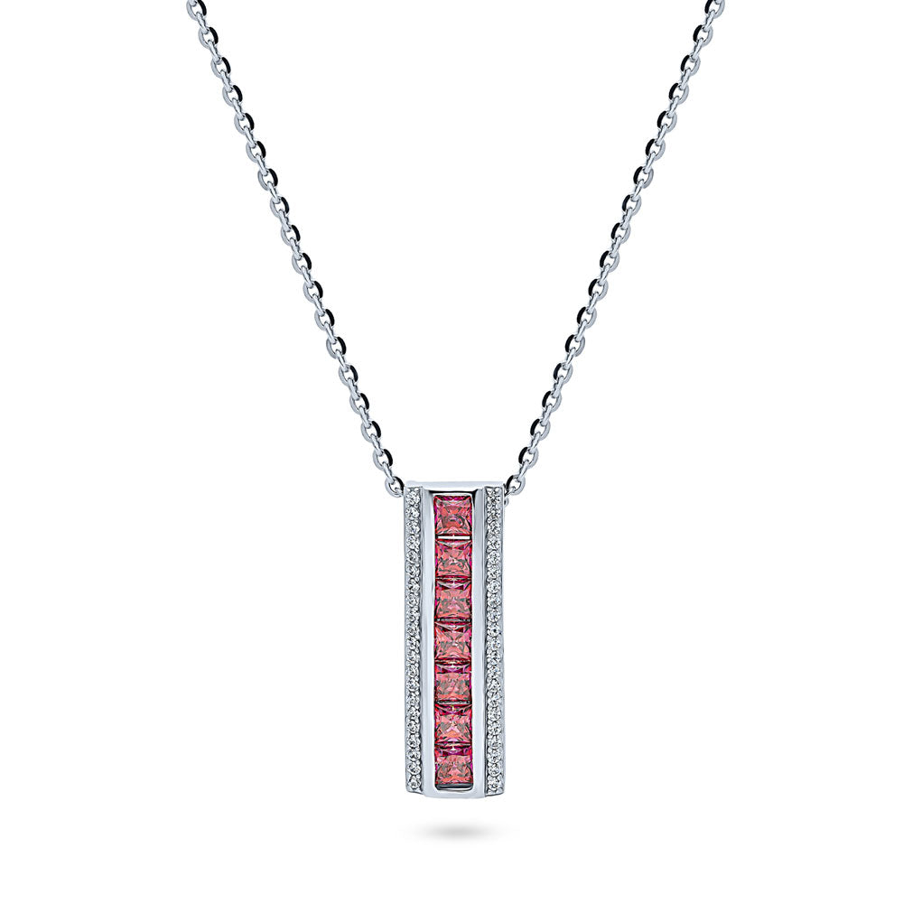 Dome Bar Red CZ Necklace and Huggie Earrings Set in Sterling Silver