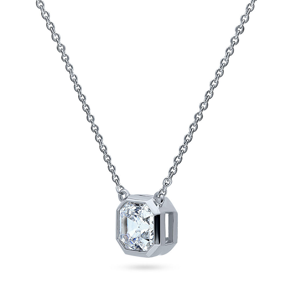 Front view of Solitaire 1.2ct Bezel Asscher CZ Necklace in Sterling Silver, 3 of 4
