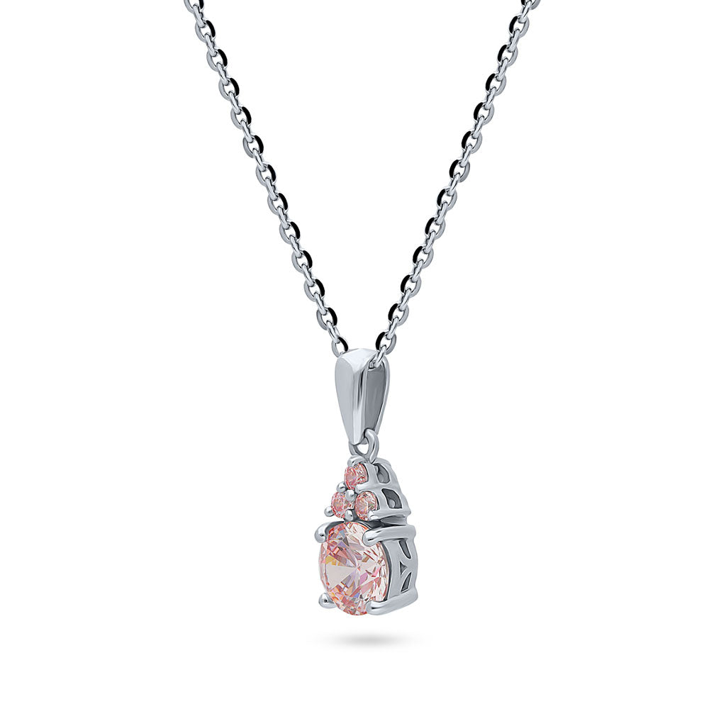 Solitaire 1ct Morganite Color Round CZ Necklace in Sterling Silver