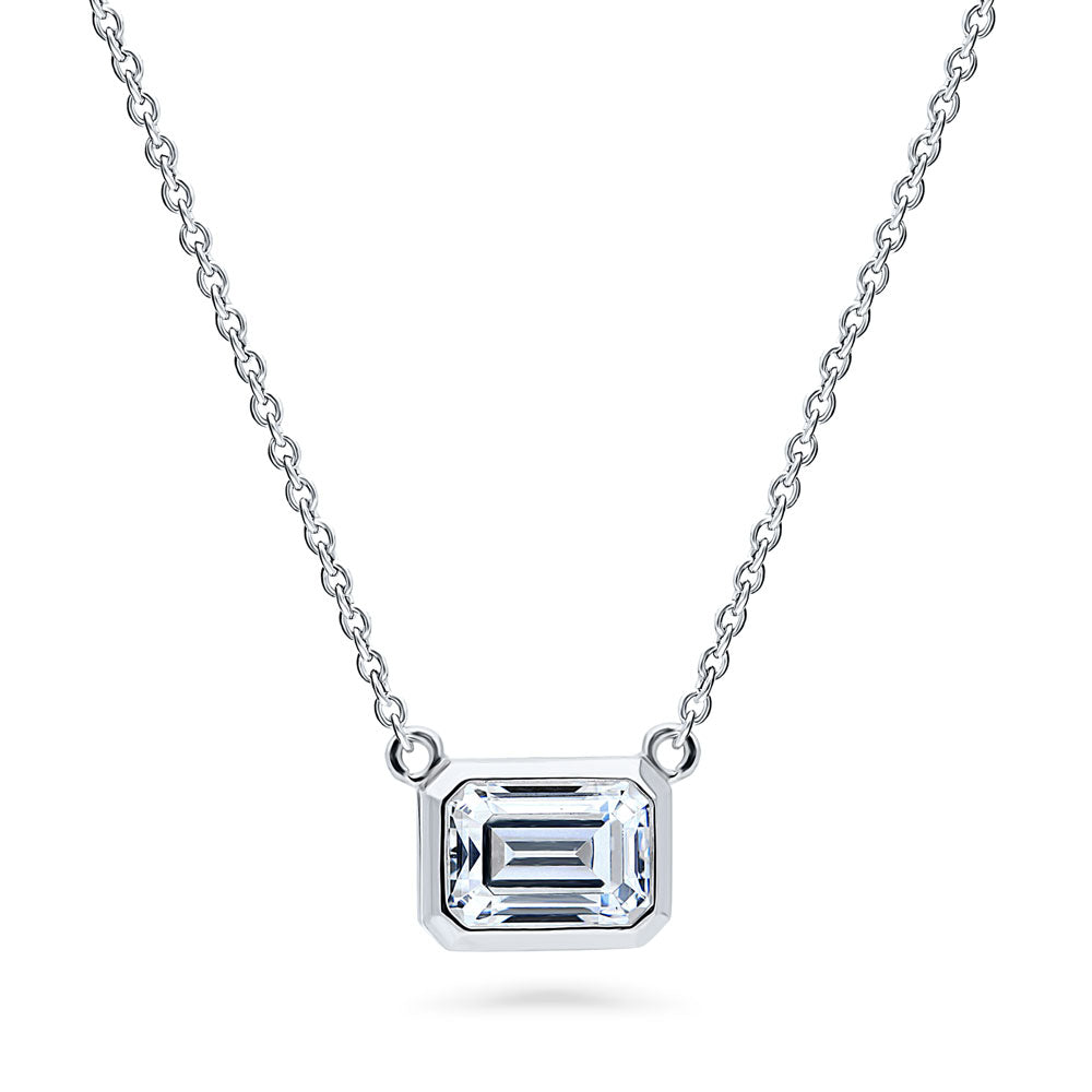Solitaire East-West Emerald Cut CZ Necklace in Sterling Silver