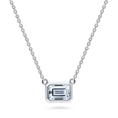 Solitaire East-West Emerald Cut CZ Necklace in Sterling Silver
