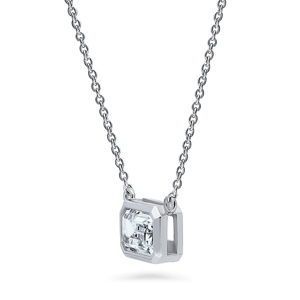 Front view of Solitaire East-West Emerald Cut CZ Necklace in Sterling Silver, 3 of 4