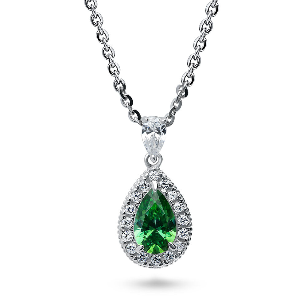 Halo Green Pear CZ Pendant Necklace in Sterling Silver