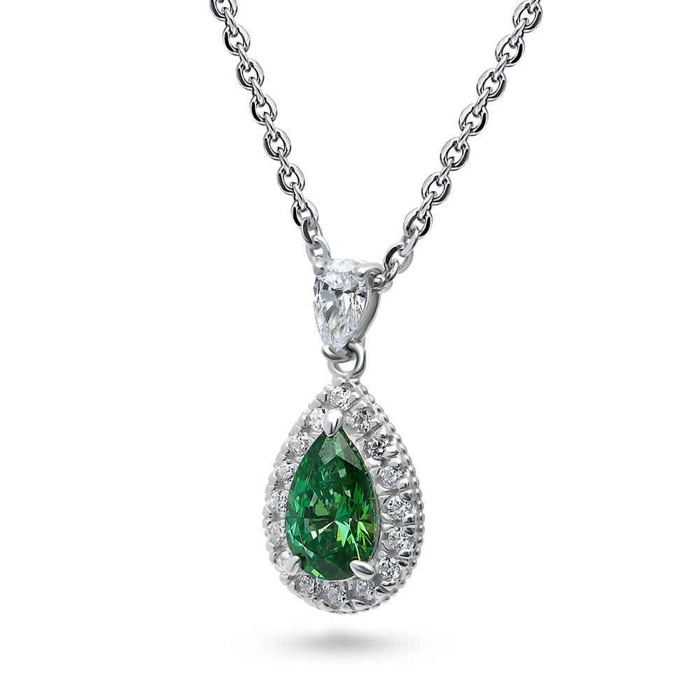 Halo Green Pear CZ Pendant Necklace in Sterling Silver