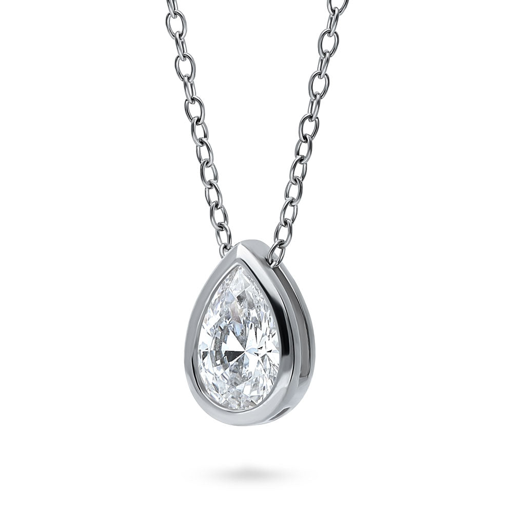 Solitaire Bezel Set Pear CZ Pendant Necklace in Sterling Silver 0.8ct
