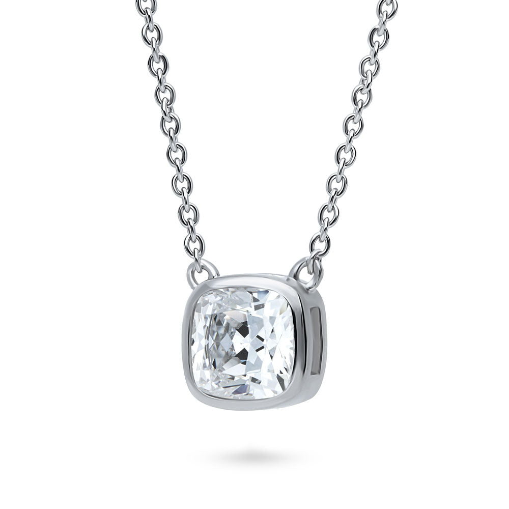 Front view of Solitaire 1.25ct Bezel Cushion CZ Necklace in Sterling Silver, 4 of 5