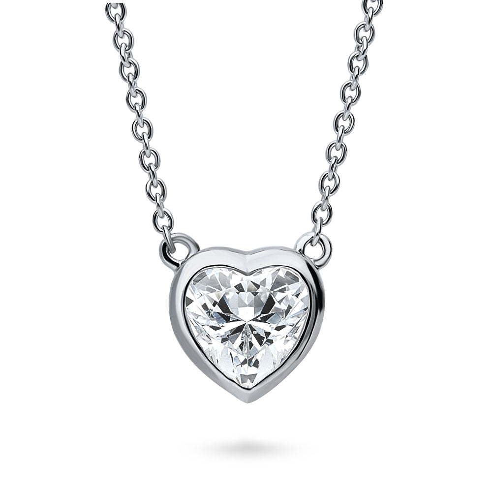 Solitaire Bezel Set Heart CZ Pendant Necklace in Sterling Silver 0.7ct