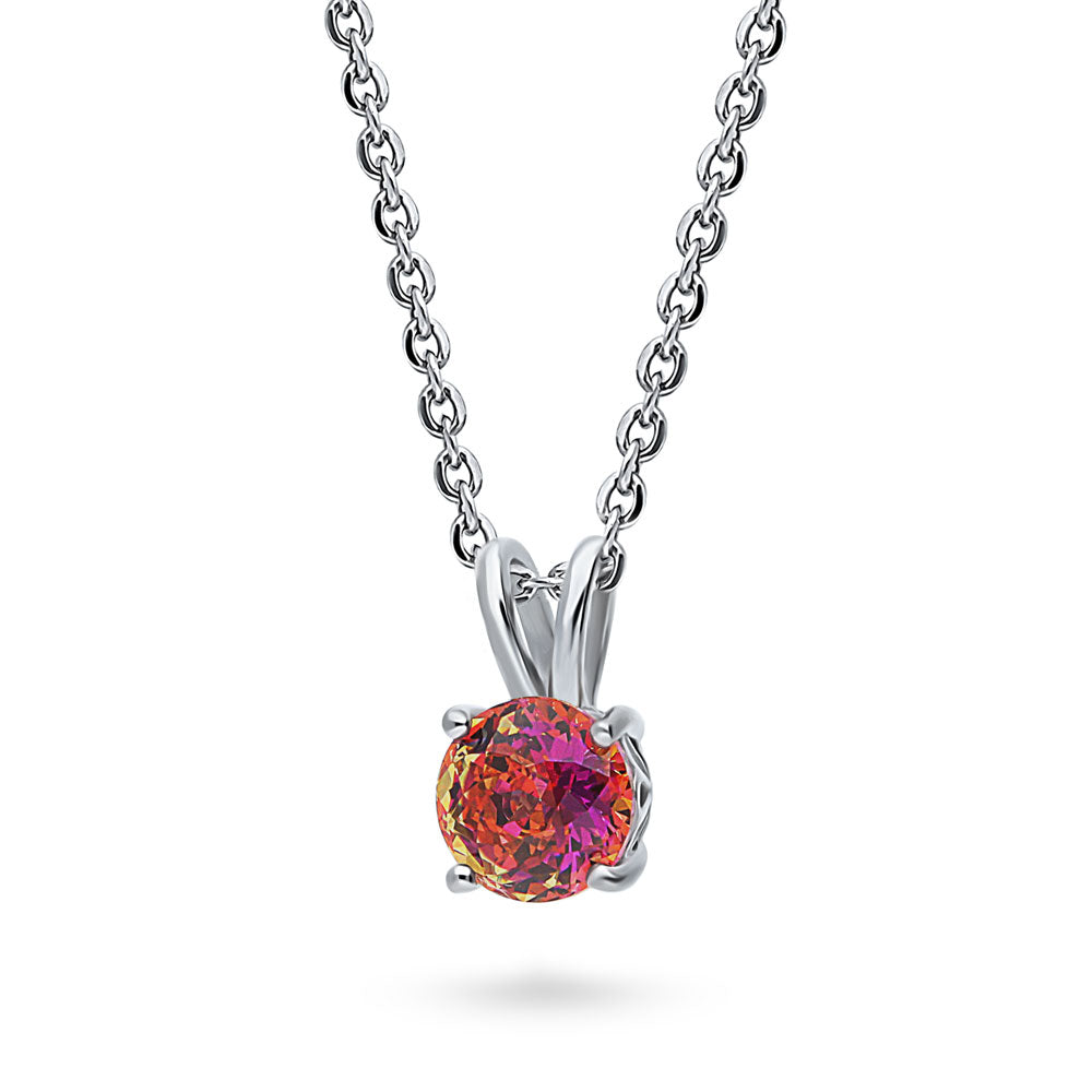 Front view of Kaleidoscope Solitaire 0.8ct CZ Necklace in Sterling Silver, Red Orange Color