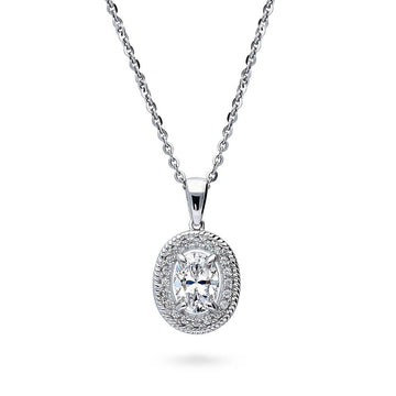 Halo Woven Oval CZ Pendant Necklace in Sterling Silver