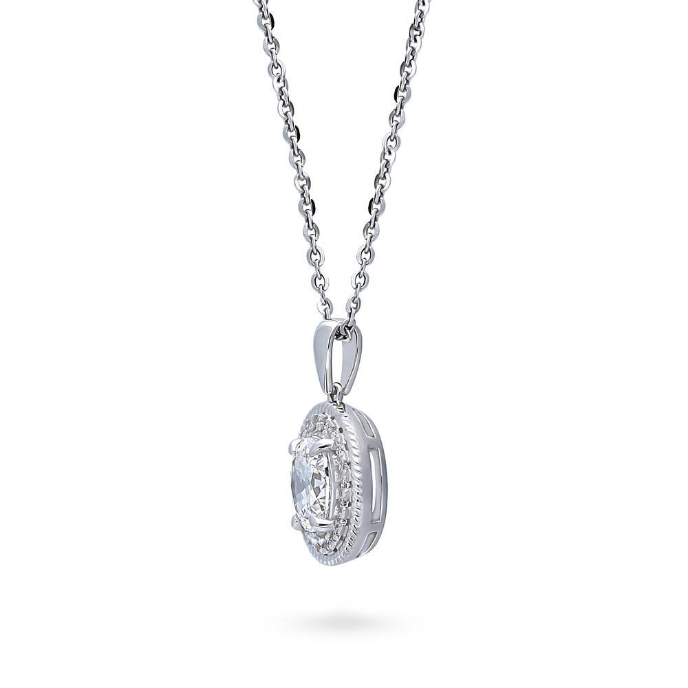 Front view of Halo Woven Oval CZ Pendant Necklace in Sterling Silver, 4 of 6