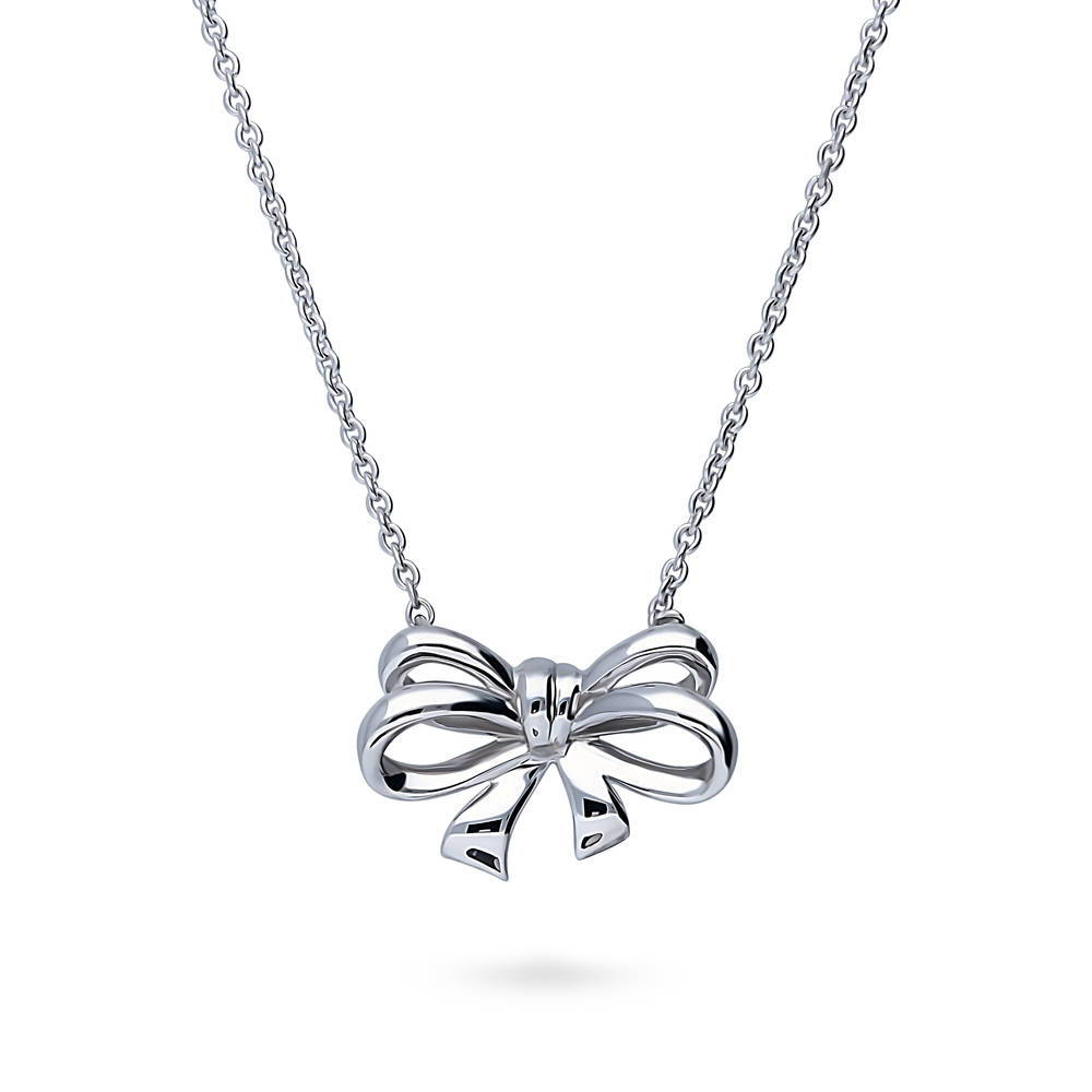 Bow Tie Ribbon CZ Necklace in Sterling Silver
