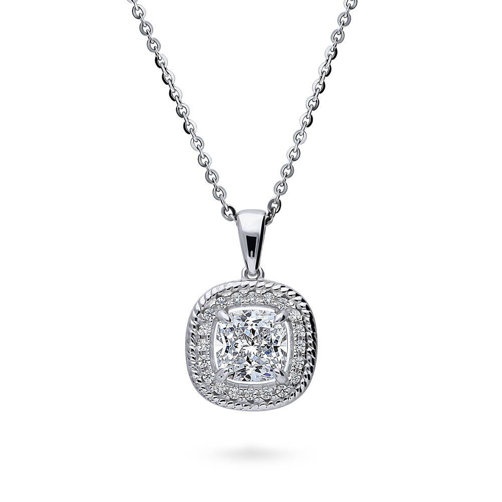 Halo Woven Cushion CZ Pendant Necklace in Sterling Silver