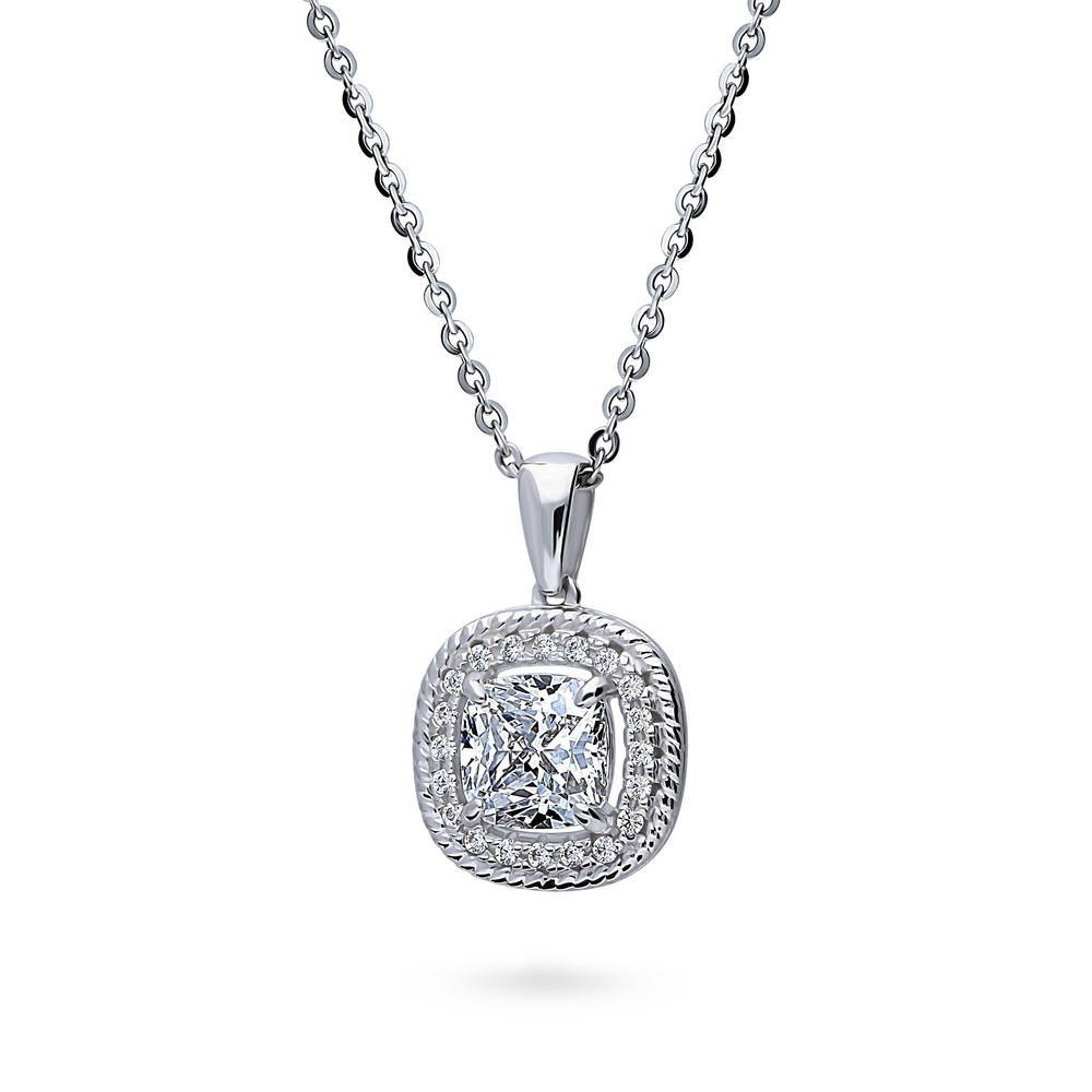 Front view of Halo Woven Art Deco Cushion CZ Necklace in Sterling Silver, 4 of 6