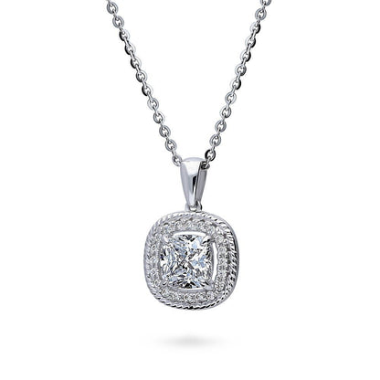 Halo Woven Art Deco Cushion CZ Necklace in Sterling Silver