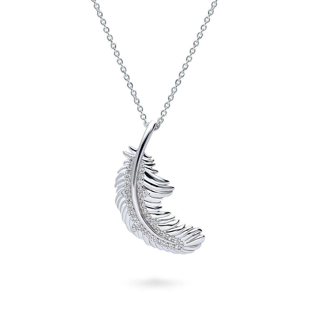 Feather CZ Pendant Necklace in Sterling Silver, 1 of 6