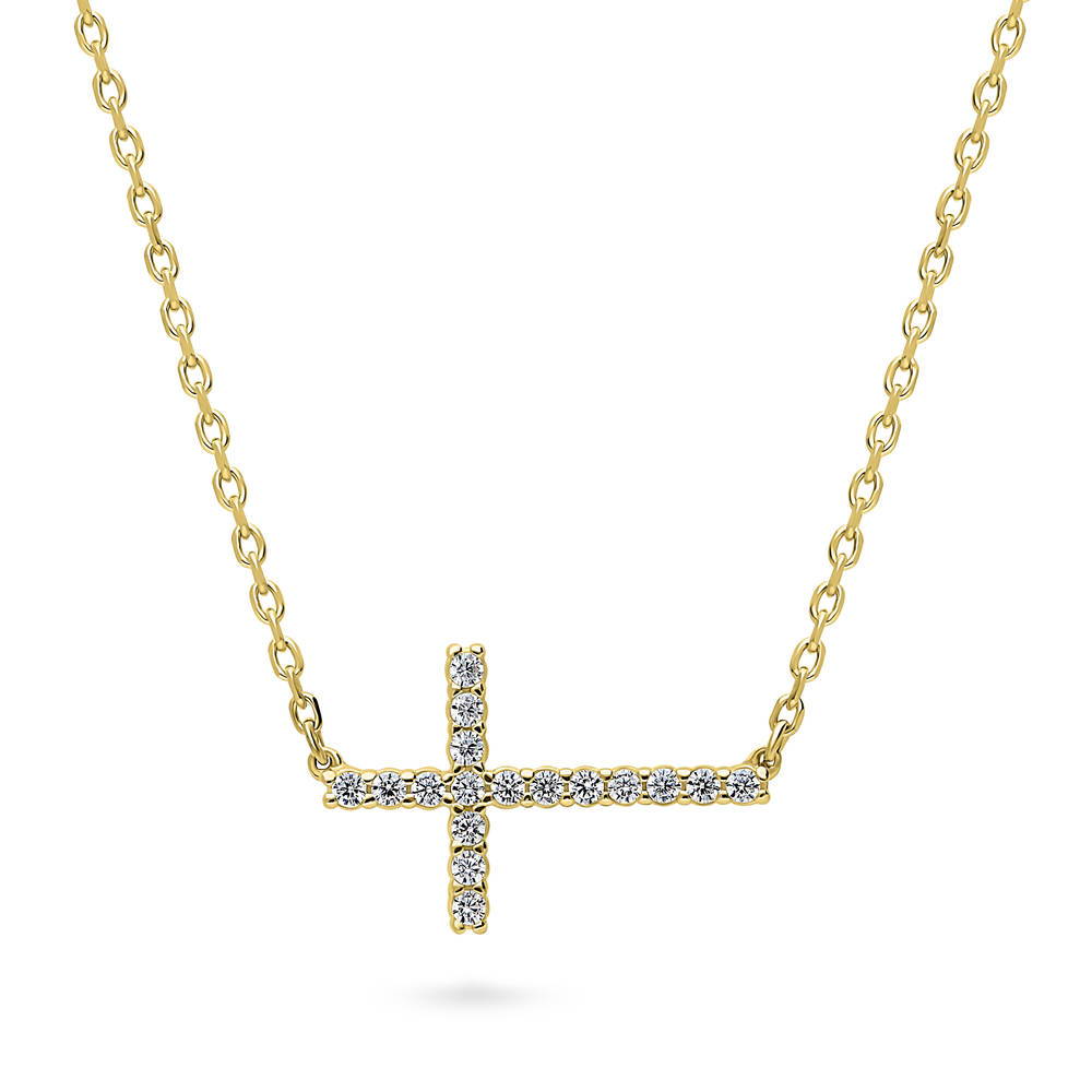 Sideways Cross CZ Pendant Necklace in Gold Flashed Sterling Silver