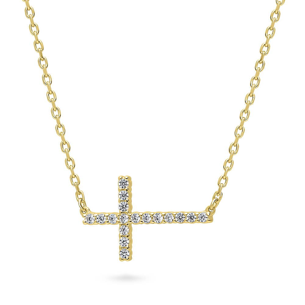 Sideways Cross CZ Pendant Necklace in Gold Flashed Sterling Silver