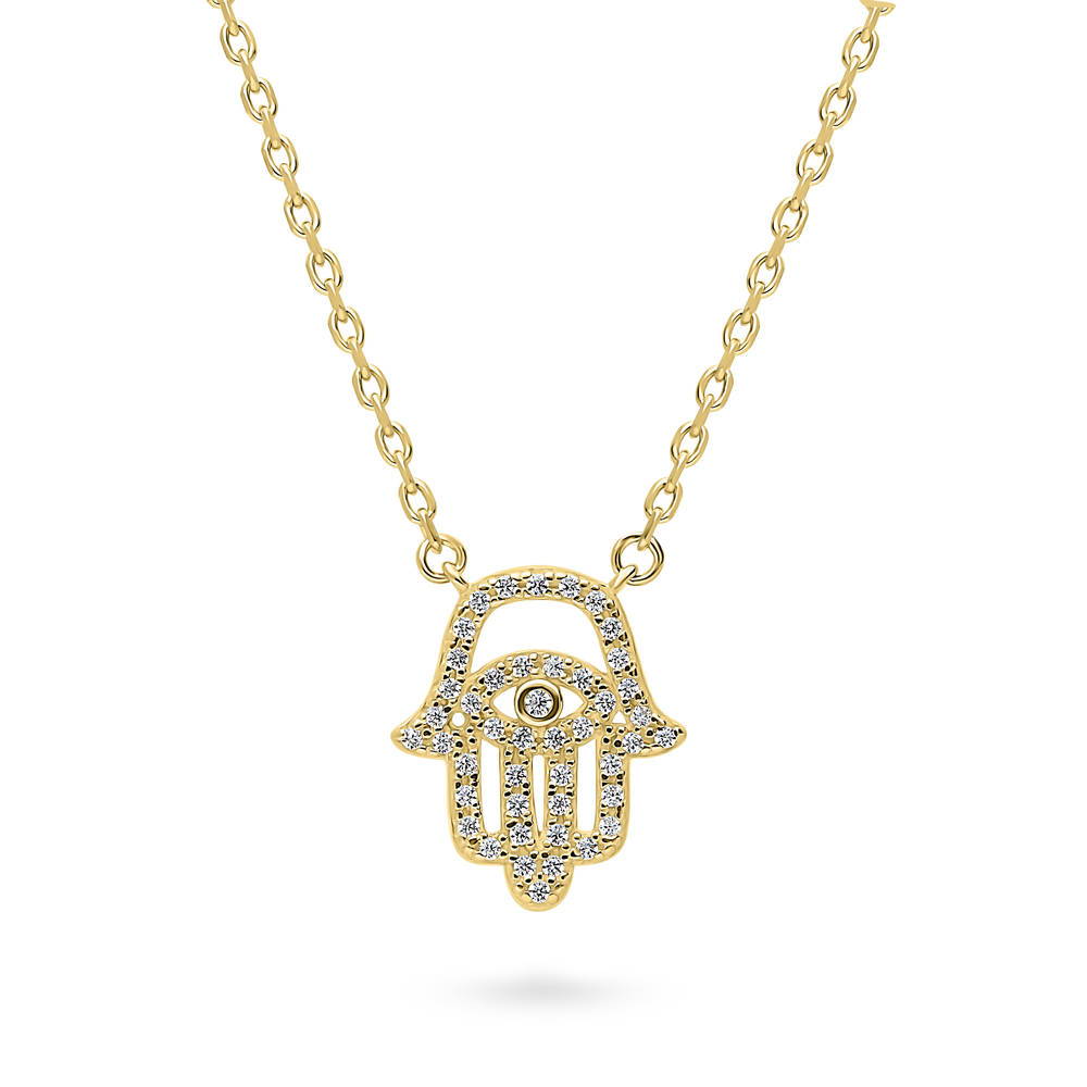 Hamsa Hand Evil Eye CZ Pendant Necklace in Gold Flashed Sterling Silver