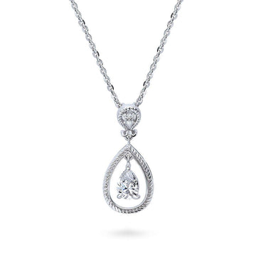 Cable Teardrop CZ Pendant Necklace in Sterling Silver