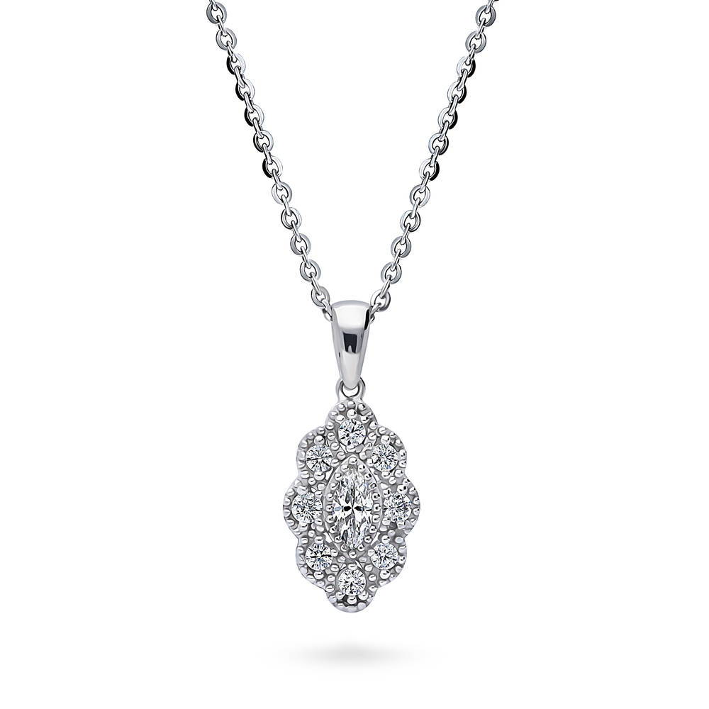 Halo Navette Marquise CZ Necklace and Earrings Set in Sterling Silver