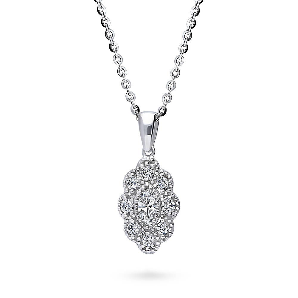 Halo Navette Marquise CZ Pendant Necklace in Sterling Silver