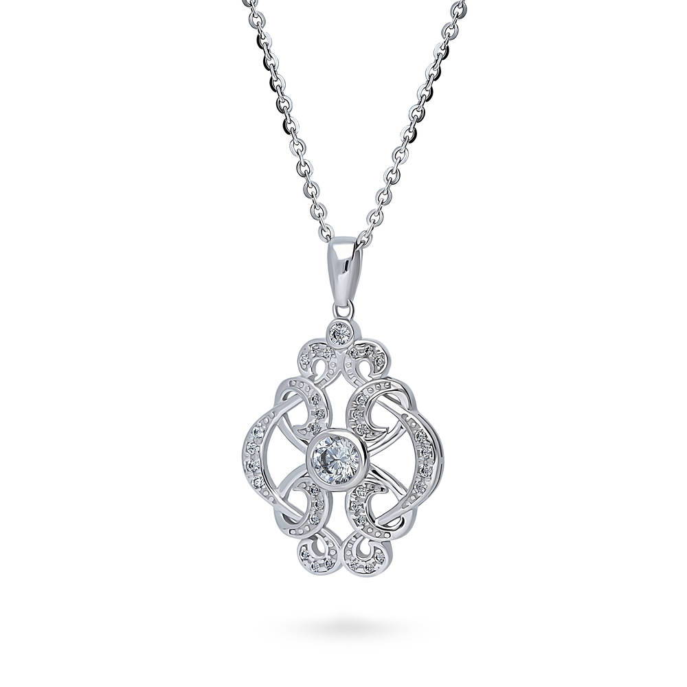 Flower Art Deco CZ Necklace and Earrings Set in Sterling Silver
